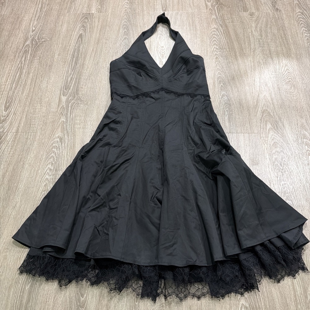 Karen Millen Y2k Black Halter Dress Goth Witchy Lace Trim Sz 6
